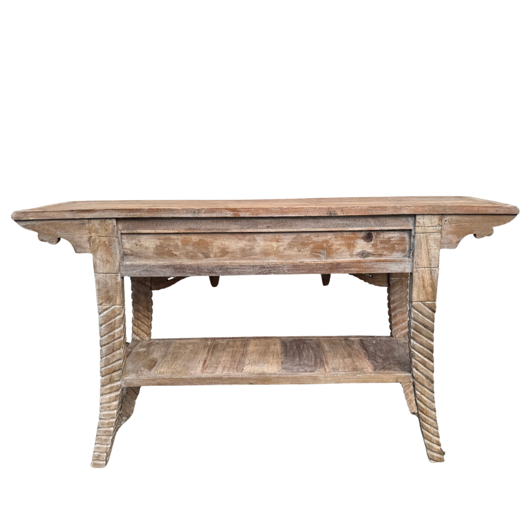 This wooden design back view showing twisted rope legs, lower shelf and raw reclaimed timber character