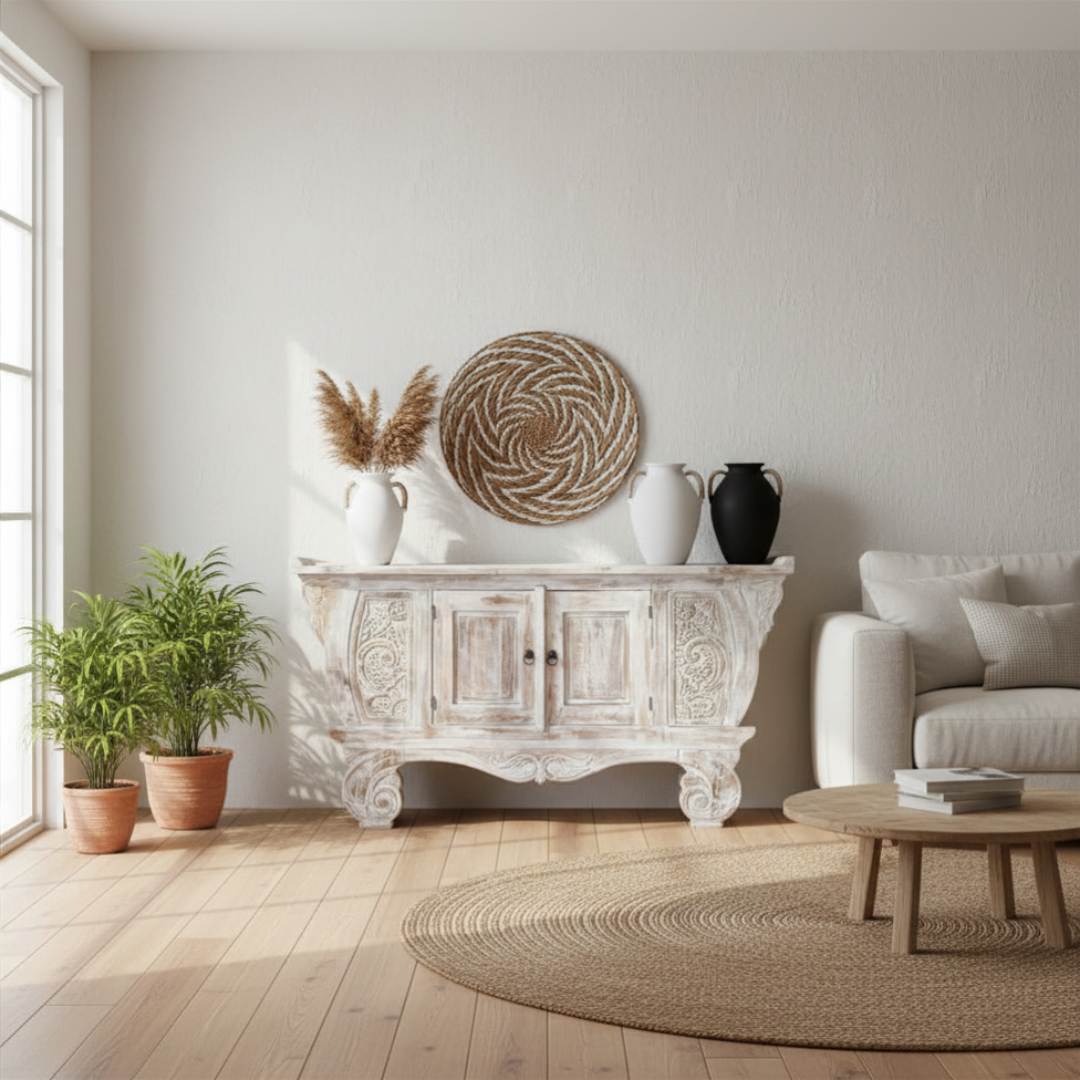 Balinese teak entryway cabinet with hand-carved scrollwork styled with white ceramic vases, pampas grass and seagrass wall art in bright coastal living room