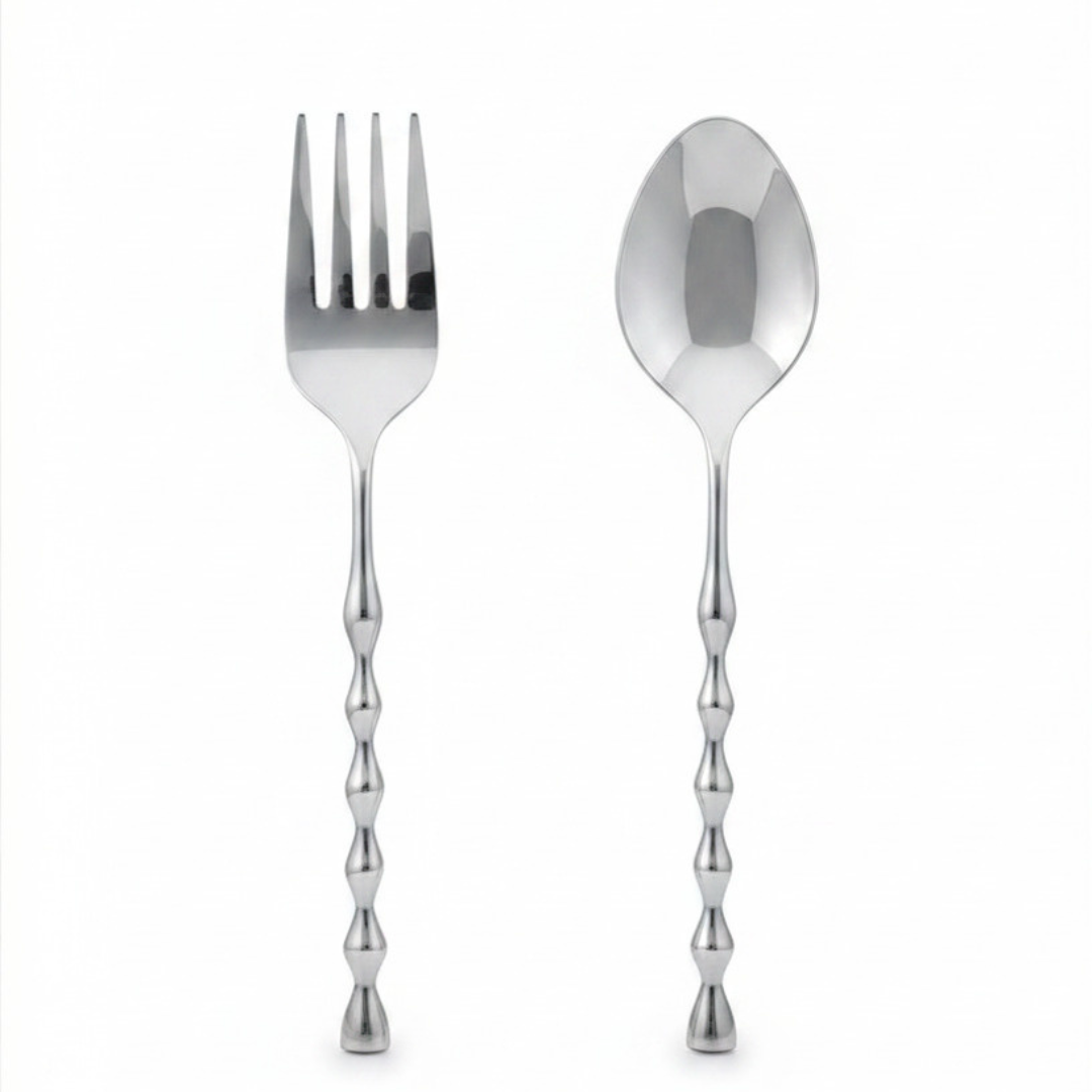 Silver sculptural link handle serving set – fork and spoon set for entertaining and grazing boards
