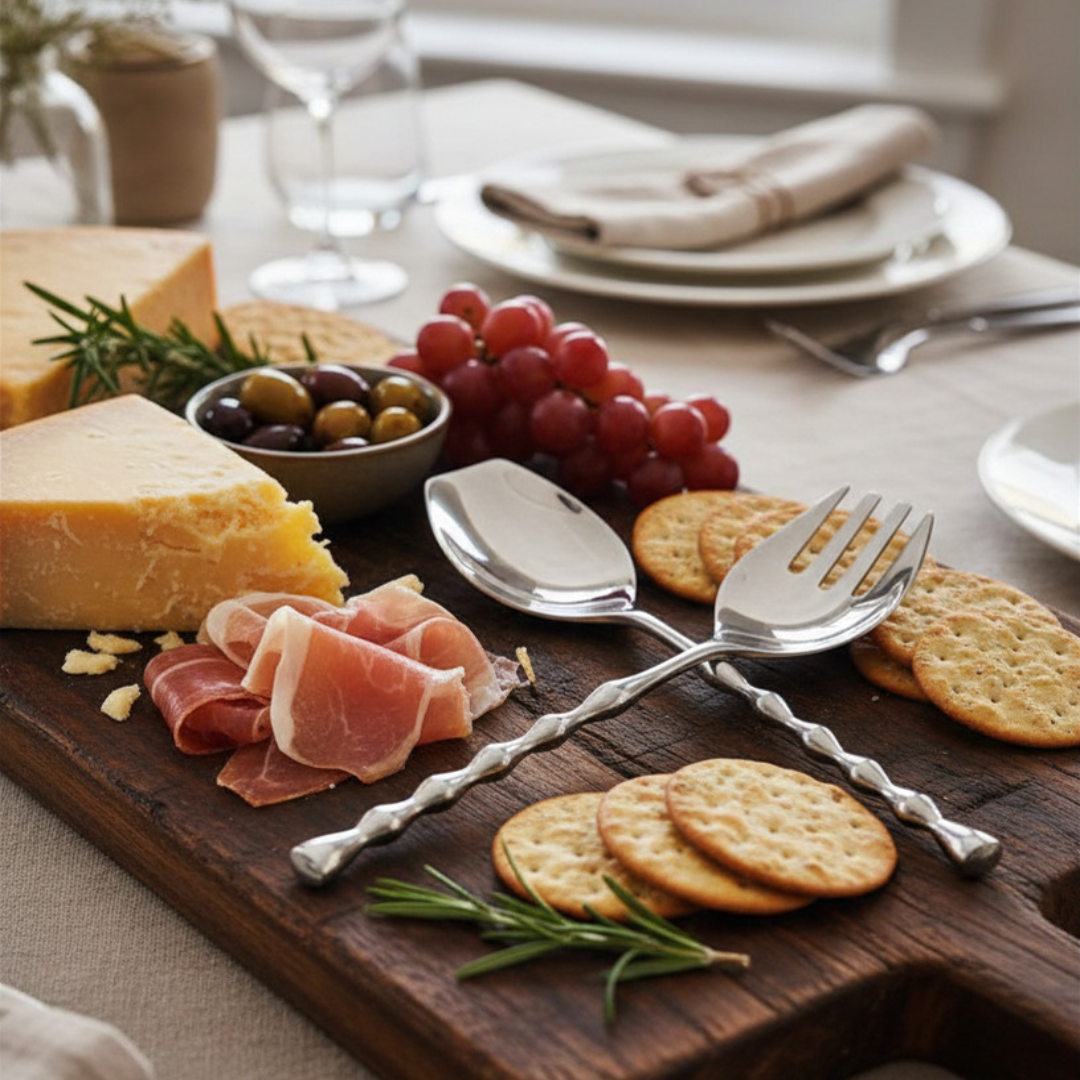 Fork and spoon on timber charcuterie board with cheese and crackers