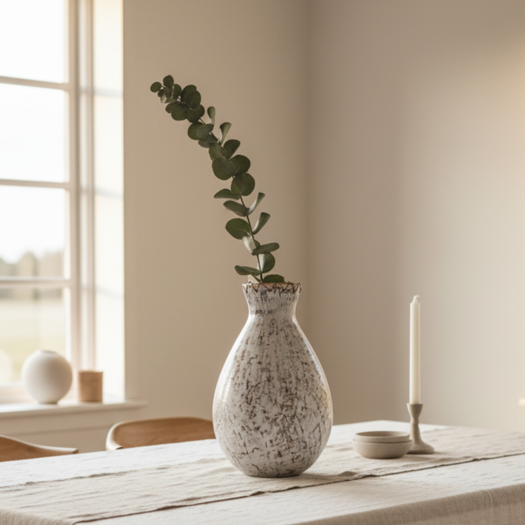 Tall teardrop-shaped pot with bleached white distressed finish and stitched jute detail at the rim, holding a single eucalyptus stem, centred on a linen-draped dining table with timber chairs, a white candle, and soft natural light from a large window