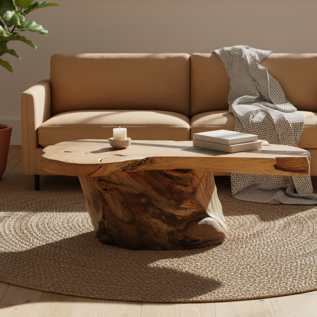 Rectangular teak root coffee table with organic live-edge teak slab top and dark sculptural root stump base styled as a centrepiece in a warm earthy living room with sand linen sofa, jute rug, and fiddle leaf fig