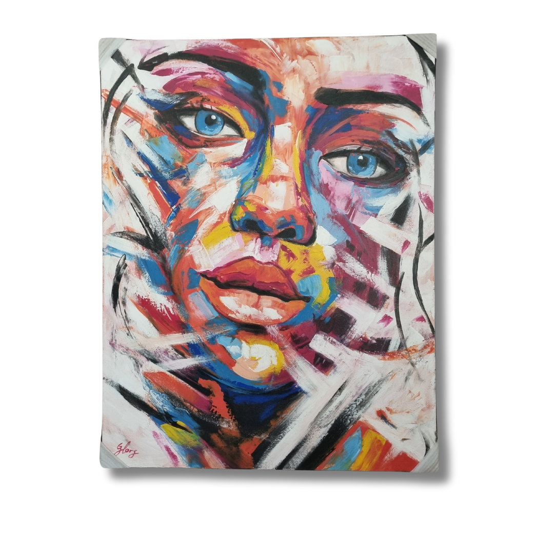Abstract Art Face with birght coloured tones on white wall 