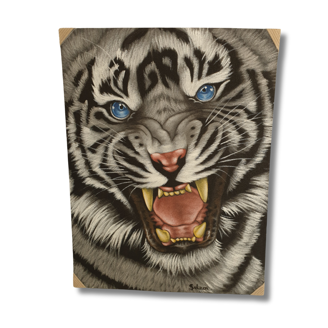 Tigar Painting in gray tones blue eyes sharp teeth, hand painted on canvas 