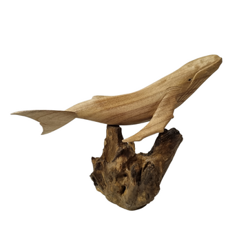 wooden whale decor set on a wooden stand 