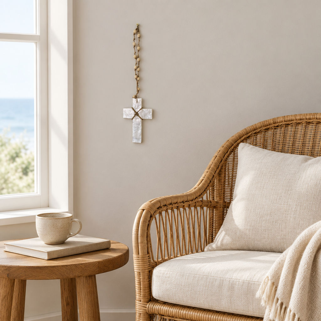 Pearly white cross hanging beside a rattan chair with a cream cushion and an oak side table.