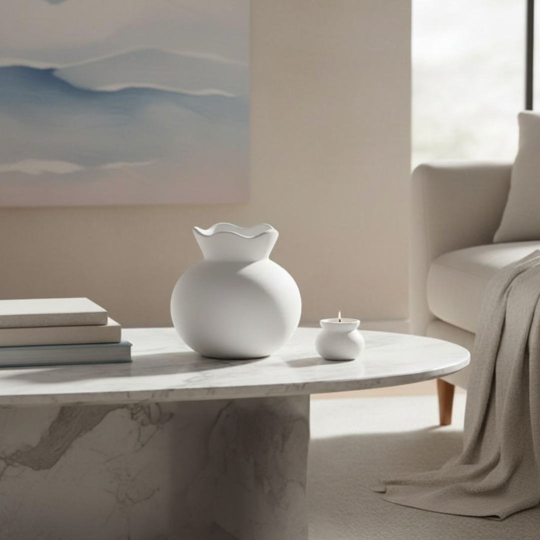 White vase on a marble coffee table with a neutral-colored wall and chair in the background