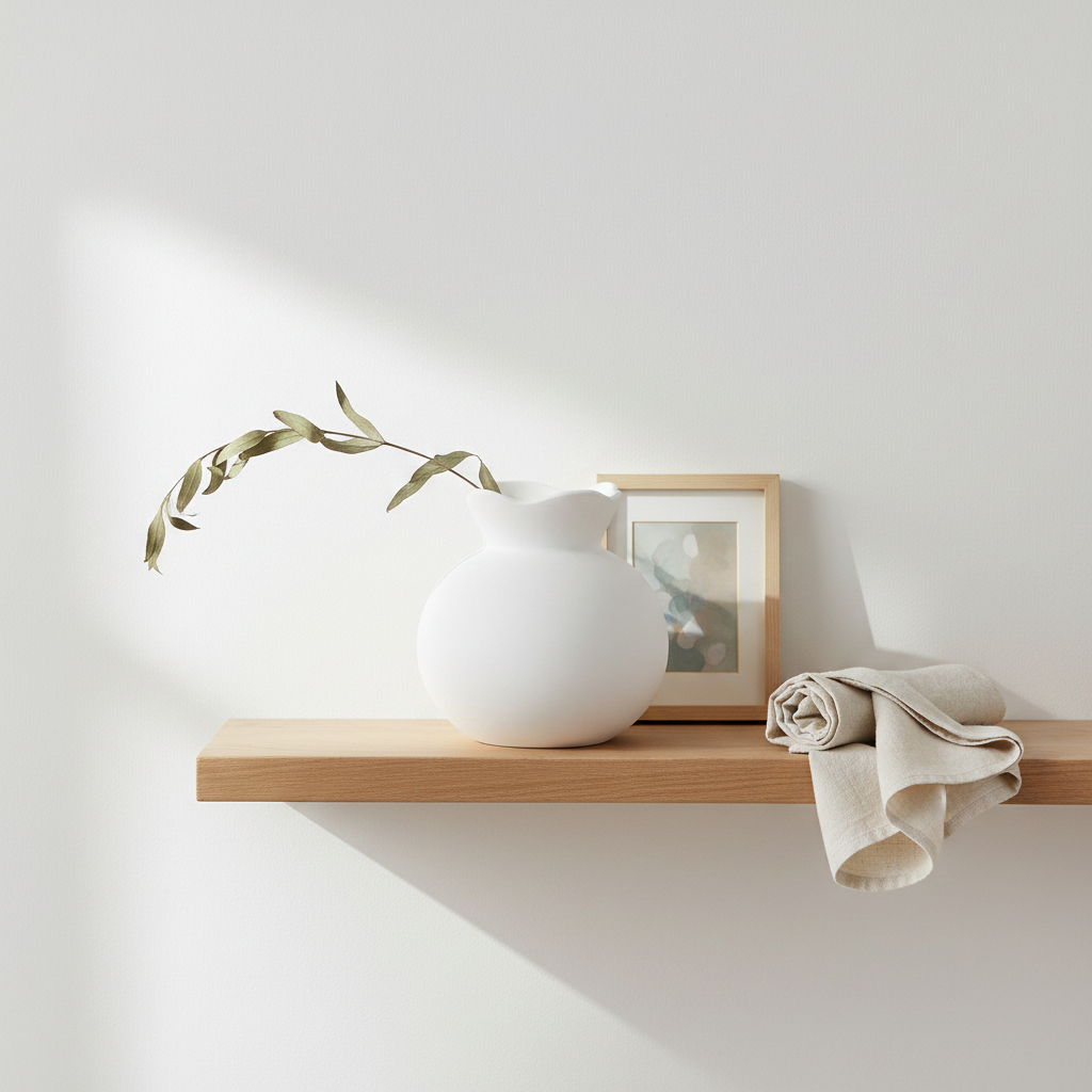 White vase on a wooden shelf with a plant and framed picture in the background