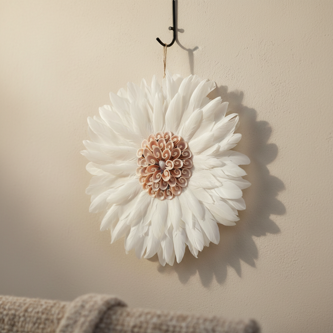 Handcrafted round white feather wall hanging with a blush pink spiral shell centrepiece hung on a hook against a warm cream wall with a grey linen throw in the foreground
