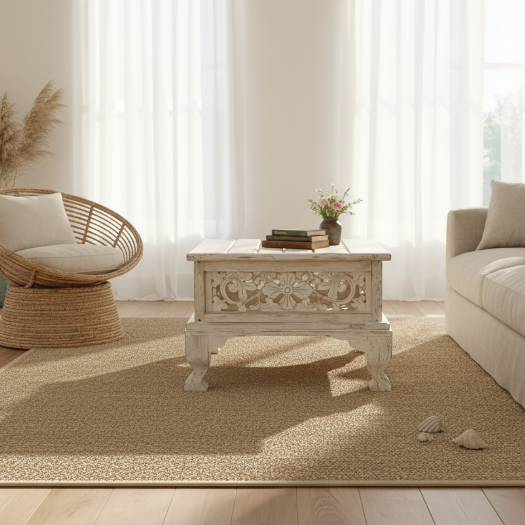 A styled living room scene featuring a distressed white carved wooden coffee table centered on a textured beige jute rug, with a woven accent chair on the left and a light beige sofa on the right.