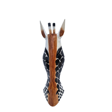 Wooden giraffe mask wall art hand-carved from Albasia wood with black and white spot pattern and natural warm timber grain, white background