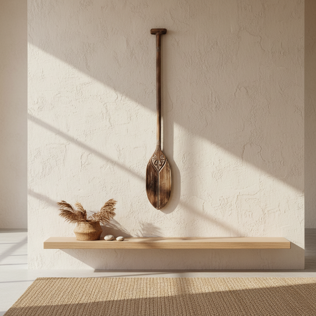 Natural brown Tribal Carved Wooden Paddle mounted vertically above a floating shelf in a bright coastal-style home