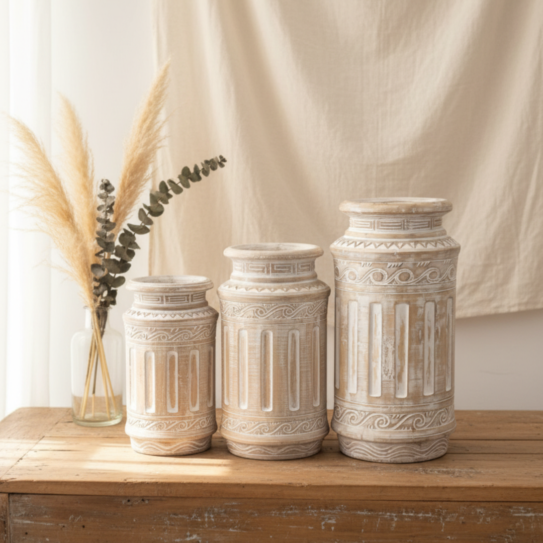 Three decorative vases on a wooden surface with a neutral background