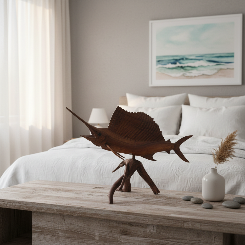 Decorative wooden fish sculpture on a wooden table in a bedroom with a bed and artwork in the background.
