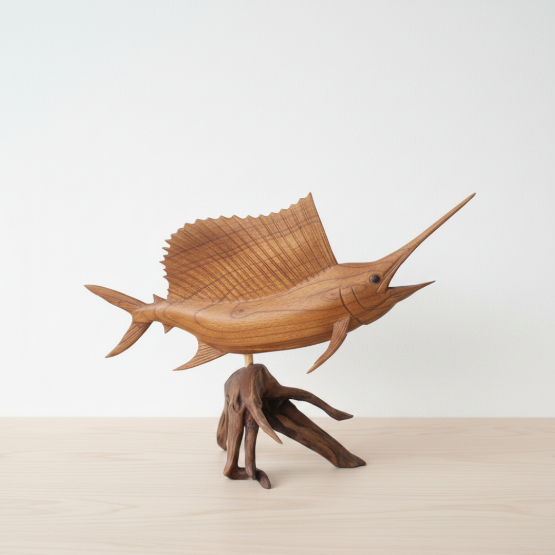 Fish artwork on natural driftwood base, warm brown tones, front-right angle