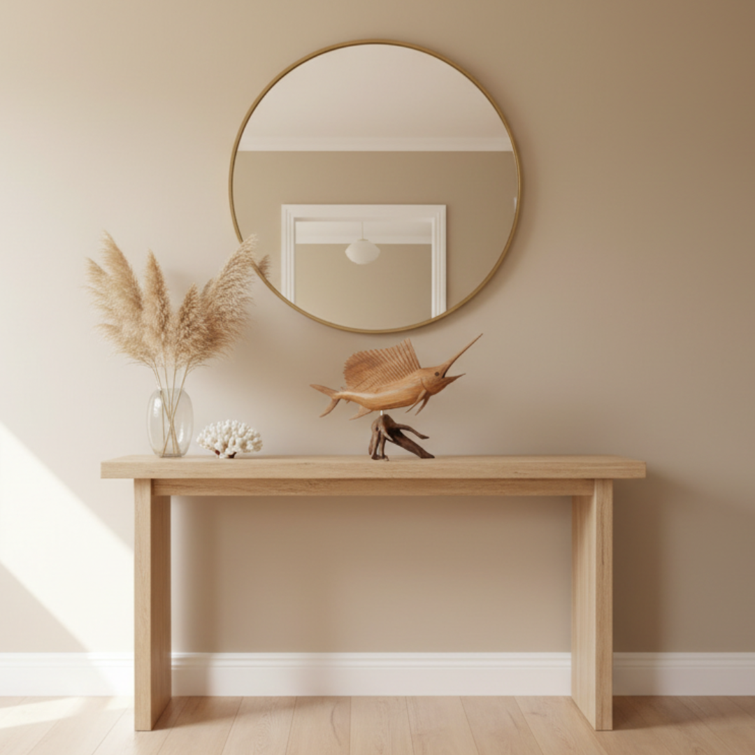 Round mirror above a wooden console table with decorative items against a beige wall.