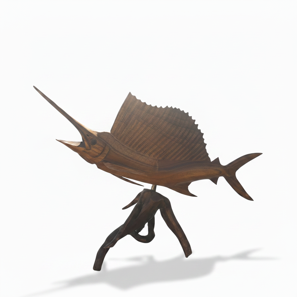 Wooden fish sculpture on a white background