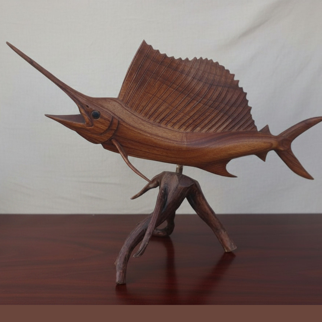 Individually crafted fish on a natural base on a white back ground