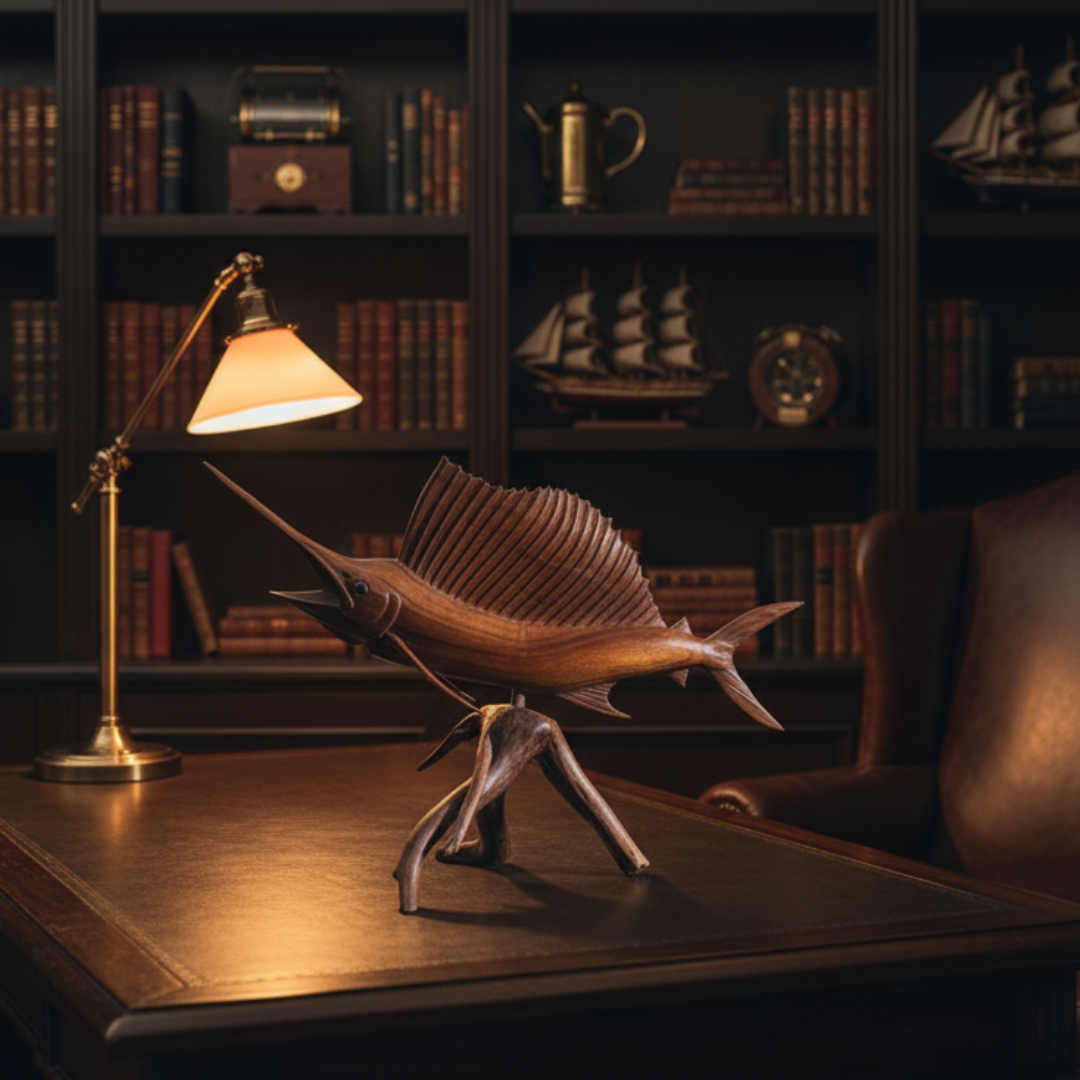 Displayed on a dark timber desk with brass lamp and nautical bookshelf