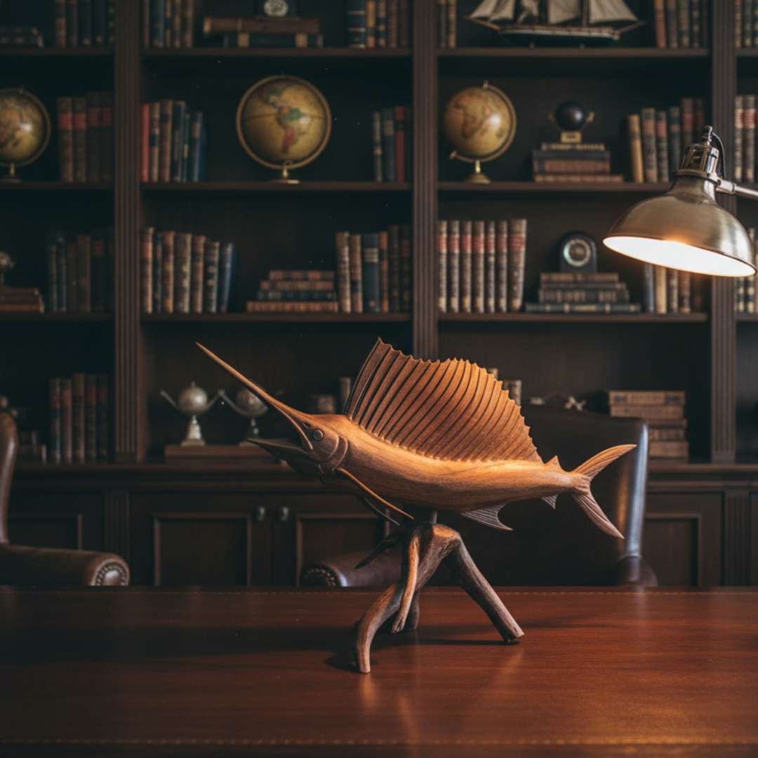 Displayed on a dark timber desk with brass lamp and nautical bookshelf