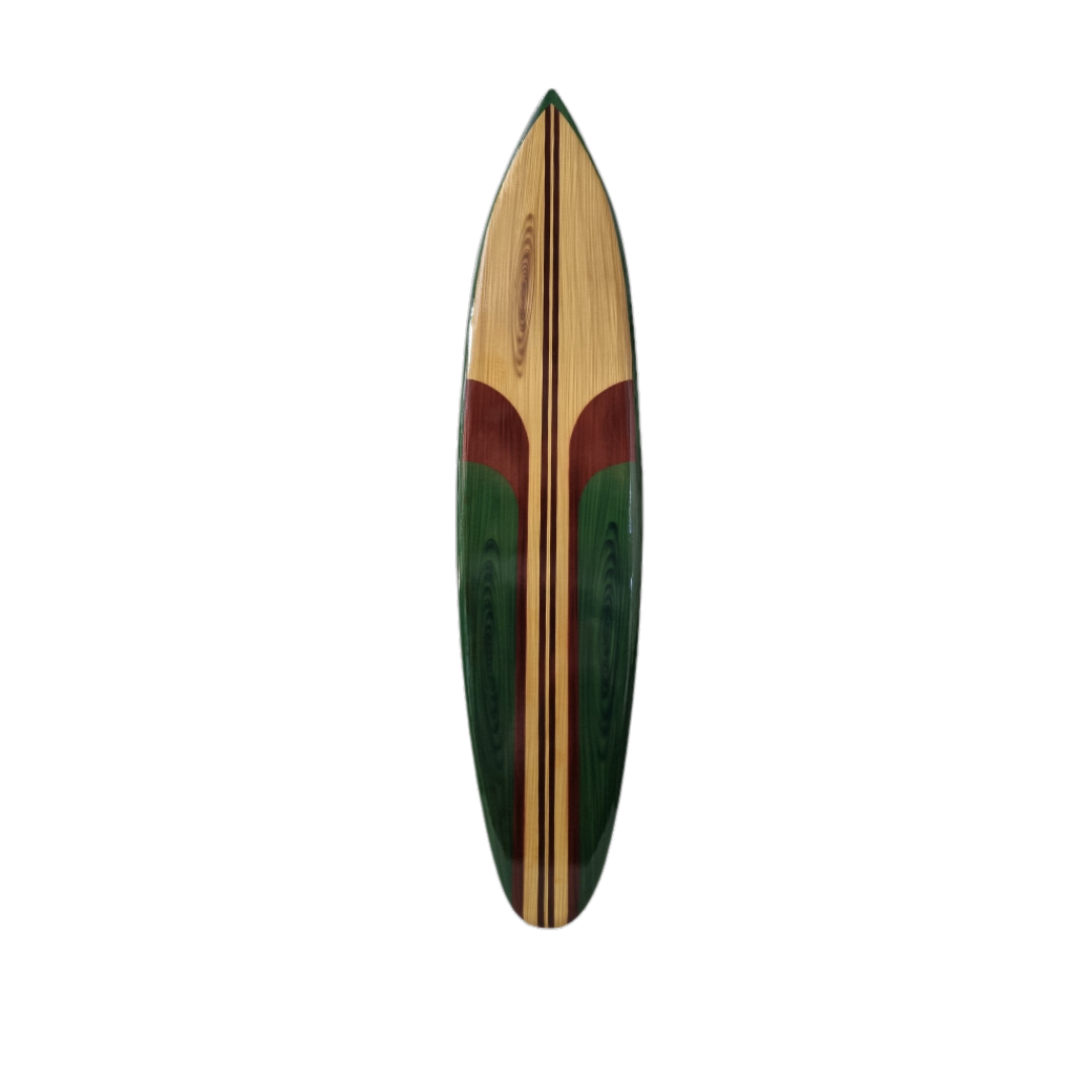Handcrafted wooden surfboard wall art in green and natural wood tones with red stripe detail – 100cm coastal wall decor | Azure Decor