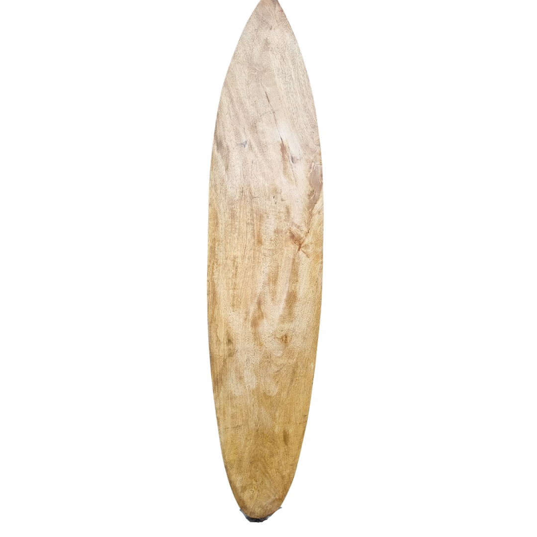 "Back view of handcrafted wooden surfboard wall art showing natural raw wood grain and texture – handmade coastal wall decor | Azure Decor