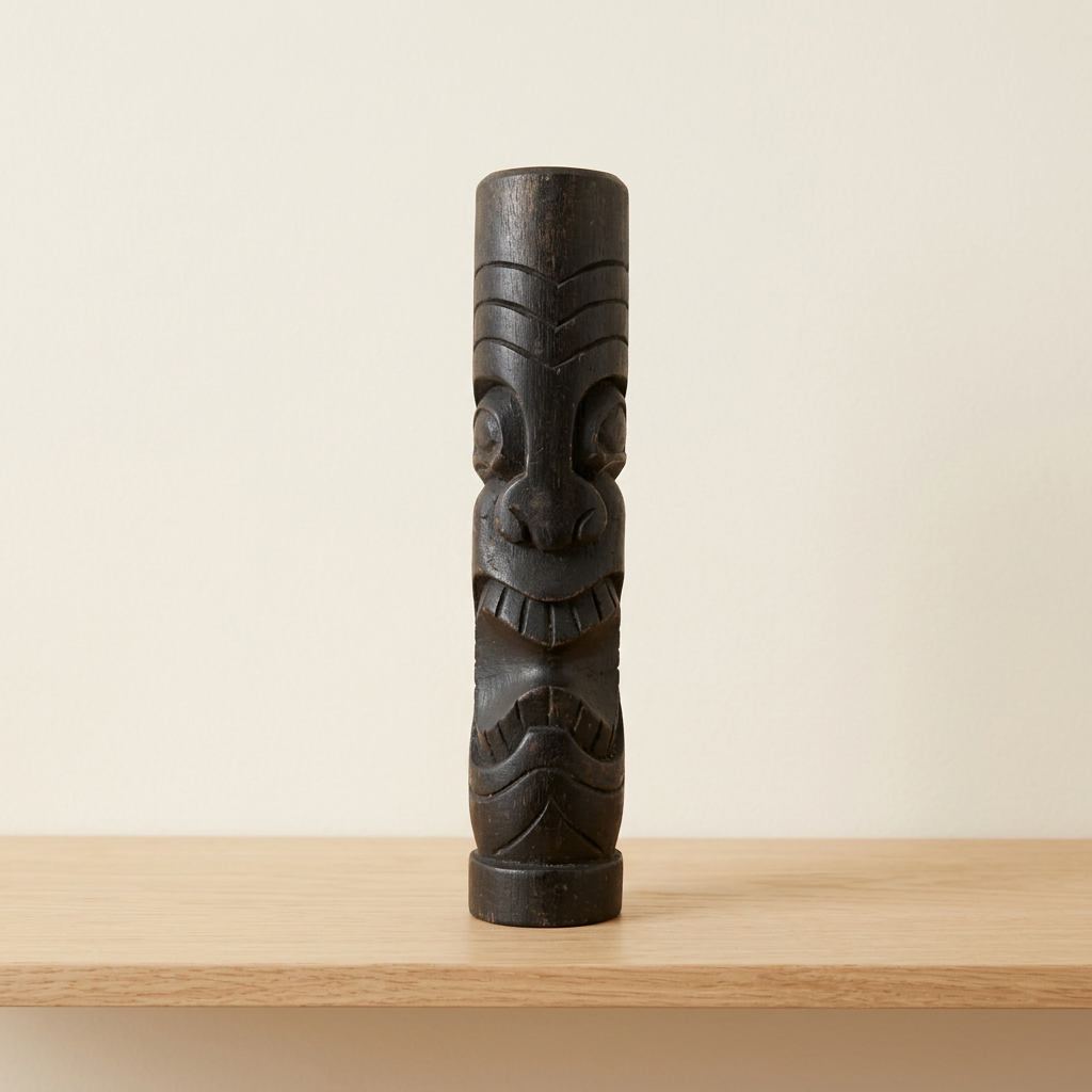 Dark timber carving with V-shaped forehead grooves and a toothy smile, standing on a pale wooden shelf against an ivory wall