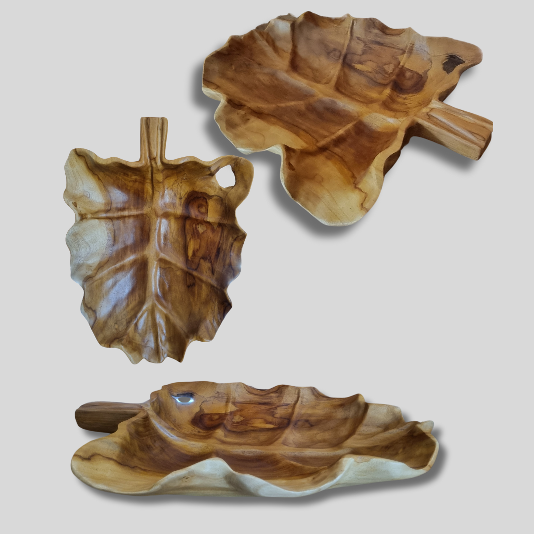 wooden leaf tray 3 different angles on beige background