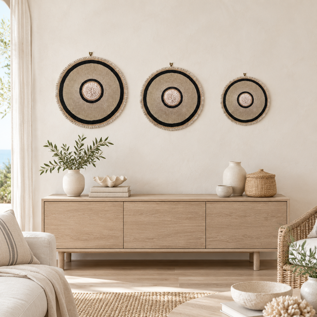 Three sizes of tropical wall art in boho style above a light timber console, with natural woven surfaces, dark circular bands and pale fringed edges