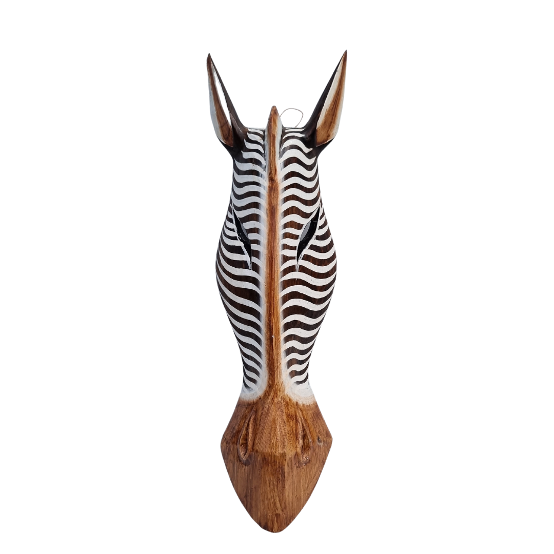 Black and white striped wooden zebra mask front-facing product shot on white background