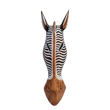 Black and white striped wooden zebra mask front-facing product shot on white background
