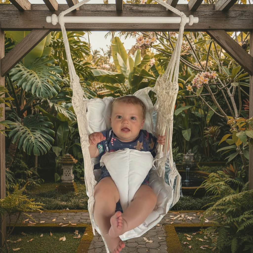 Baby safely harnessed in a natural cotton macrame kids hammock chair hanging in a tropical Balinese garden