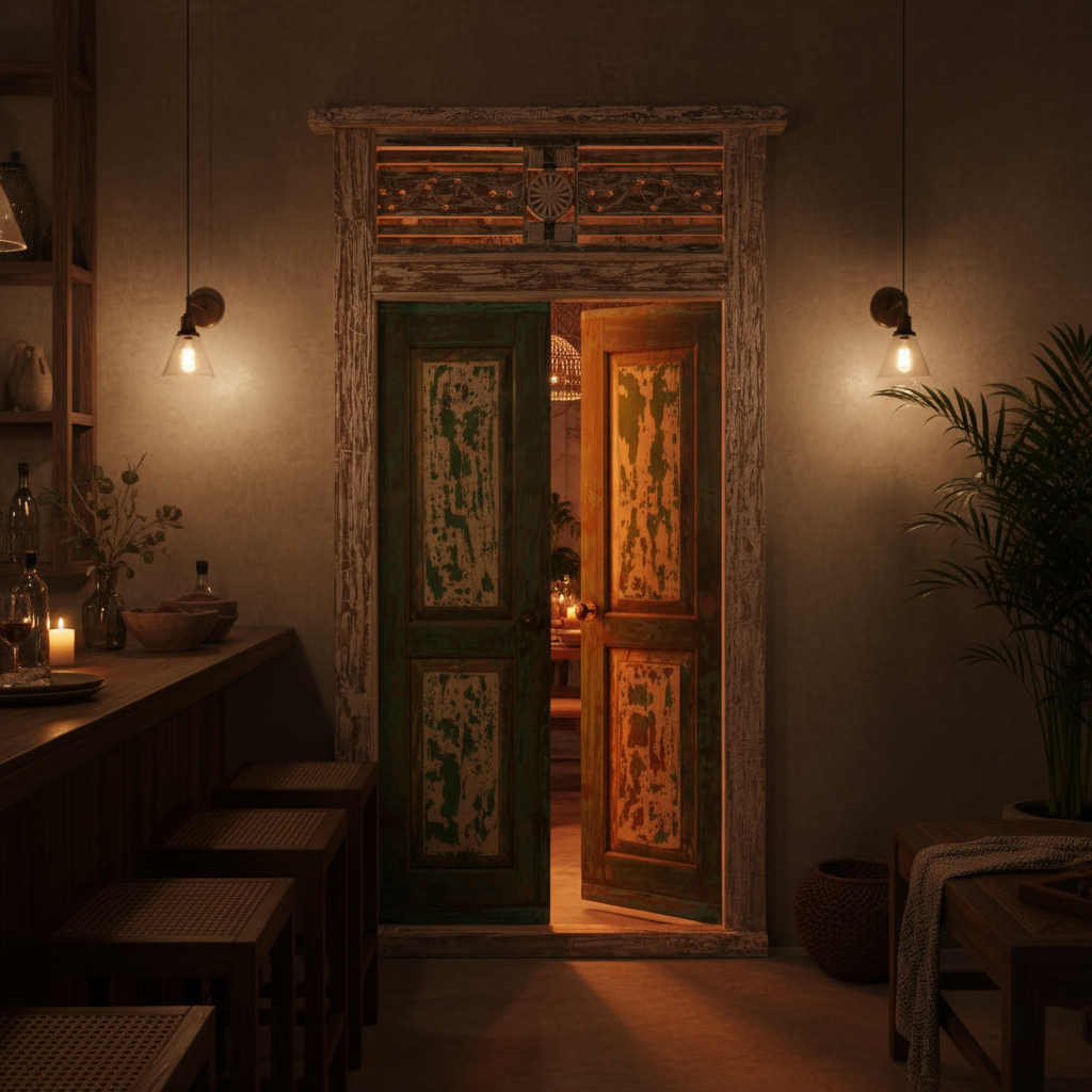 Aged green and whitewash timber double door used as a bar partition with candlelight flickering through the ornate lattice transom, pendant lights and limewash walls in a moody evening setting