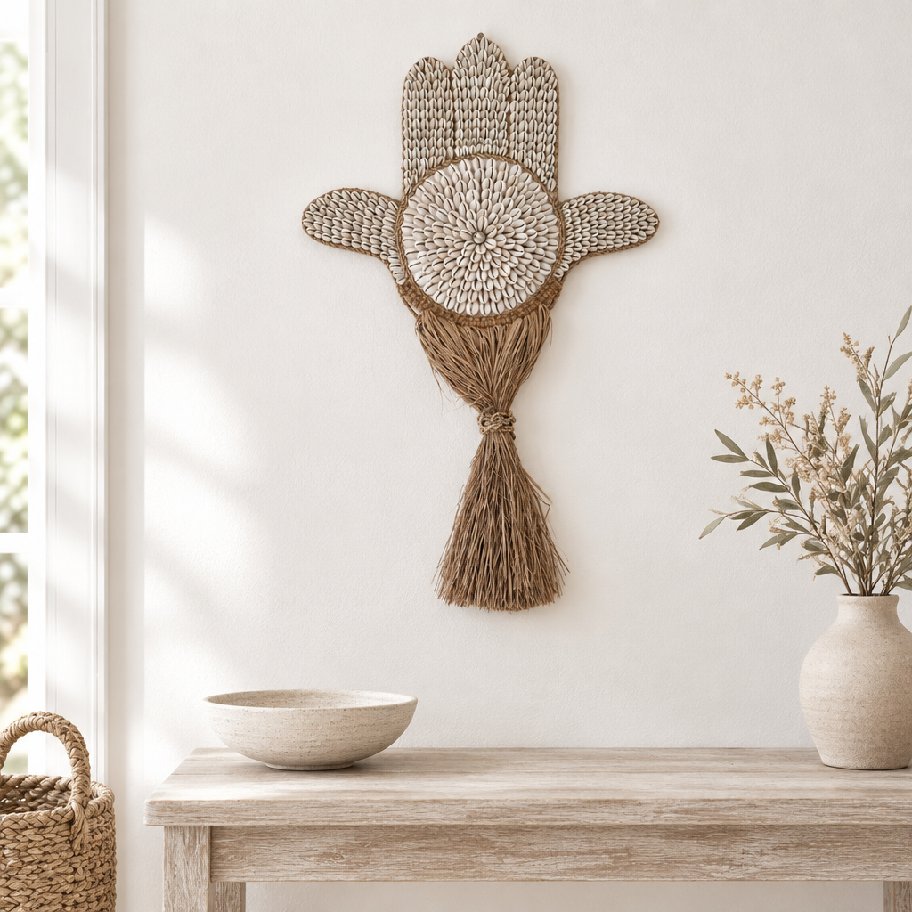 Natural shell wall hanging displayed above a pale timber entry table with a ceramic bowl and dried foliage