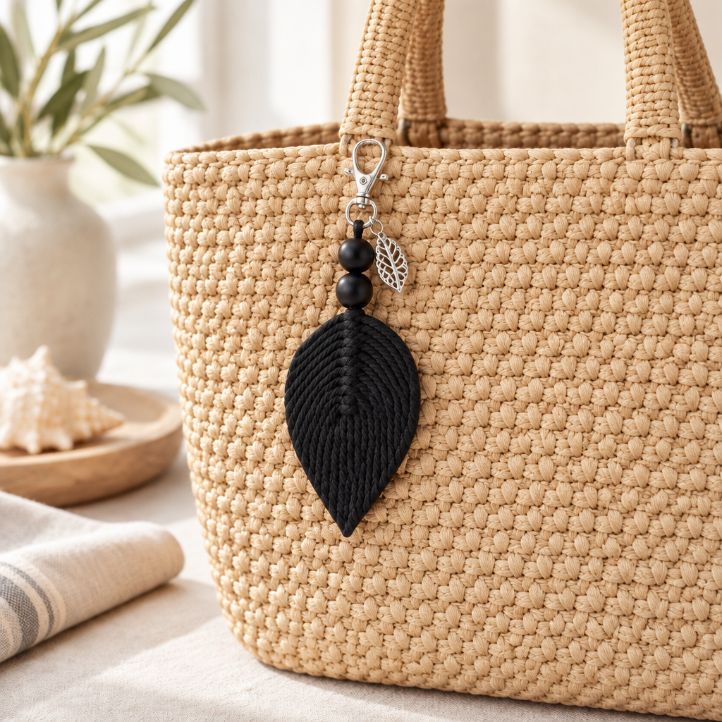 A woven straw tote bag with a black leaf-shaped hanging charm, black beads, and a small silver leaf accent, shown in a softly styled indoor setting.