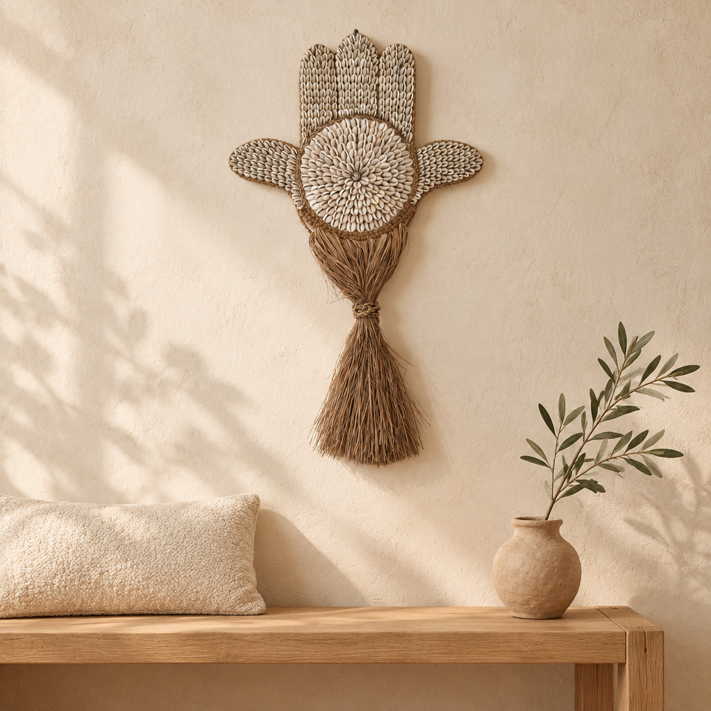 Cowrie shell hand-shaped wall hanging on a warm ivory plaster wall above a light oak bench with a boucle cushion