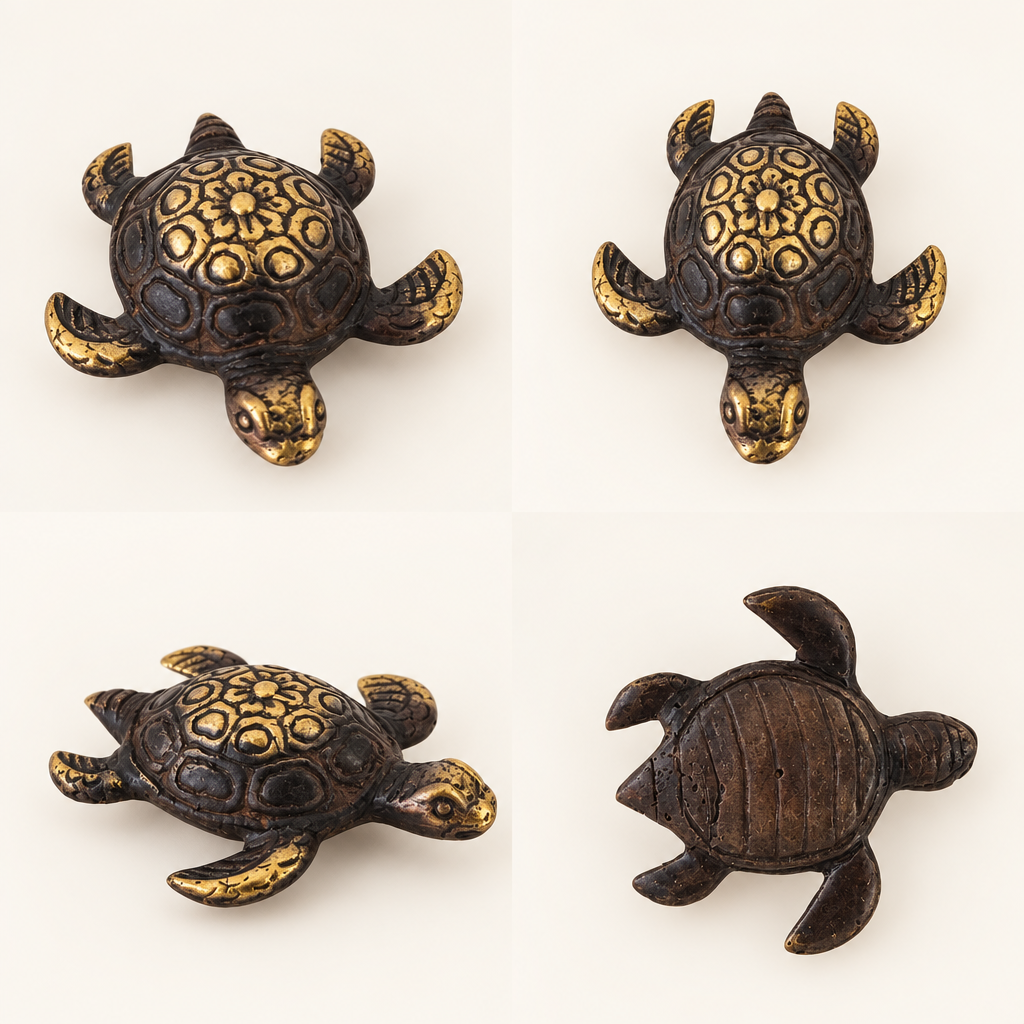  Dark bronze turtle figurine with gold detailing shown from four angles