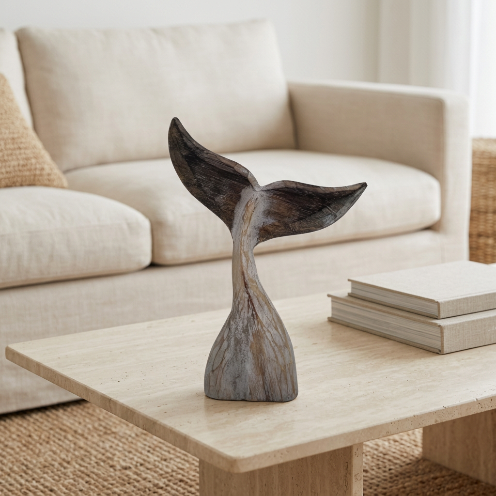 Weathered brown ornament with curved flukes on a pale stone coffee table beside stacked books, with a cream sofa behind