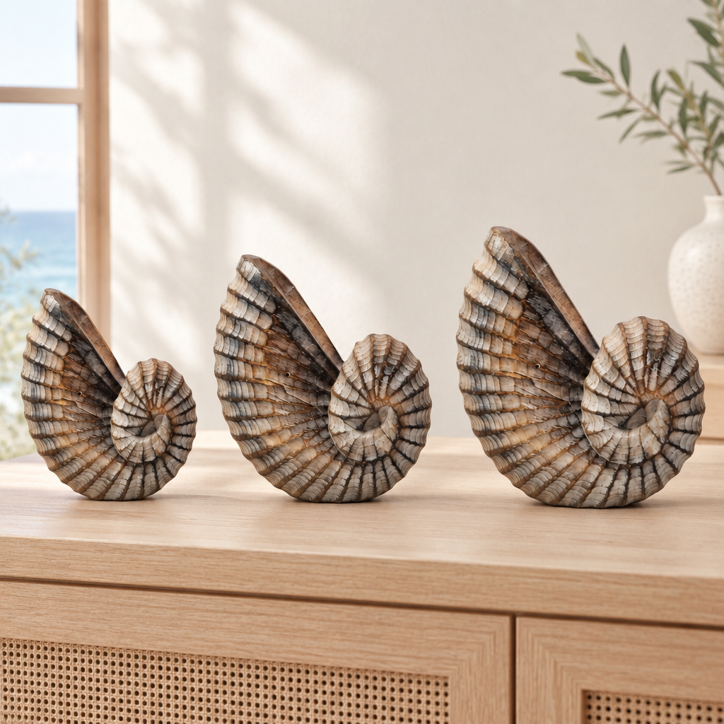Three graduated brown-wash spiral carvings displayed on a pale timber console