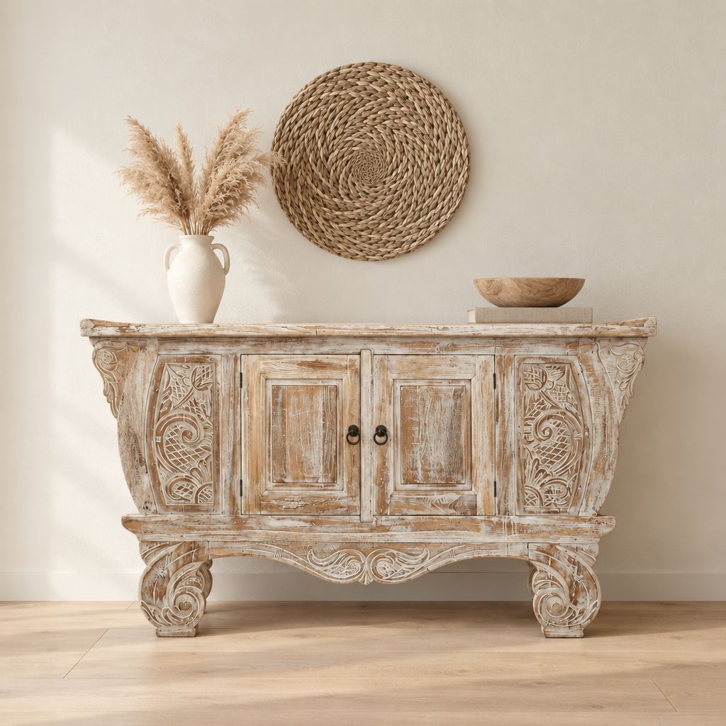 Whitewashed carved cabinet styled with a pampas-filled vase and low wooden bowl, beneath round woven wall art.