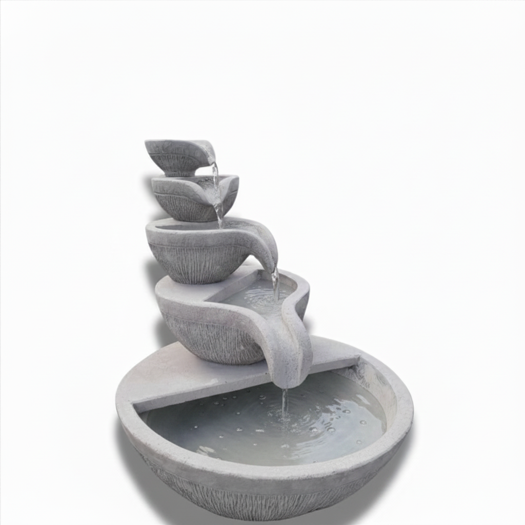 Large outdoor concrete water fountain with stacked cascading bowl design on white background