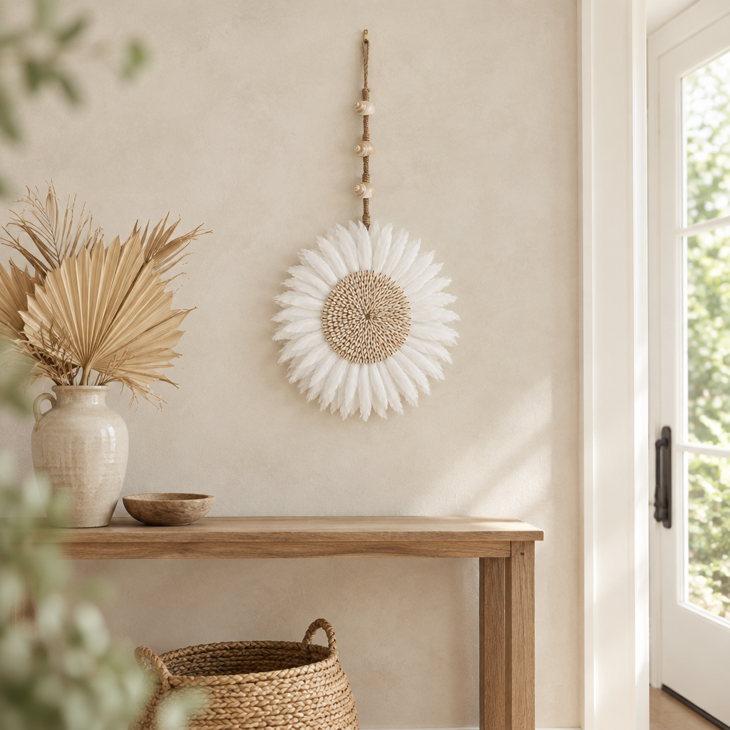 White feather wall hanging on a plain background with measurement lines showing a 27cm disc and 60cm total drop