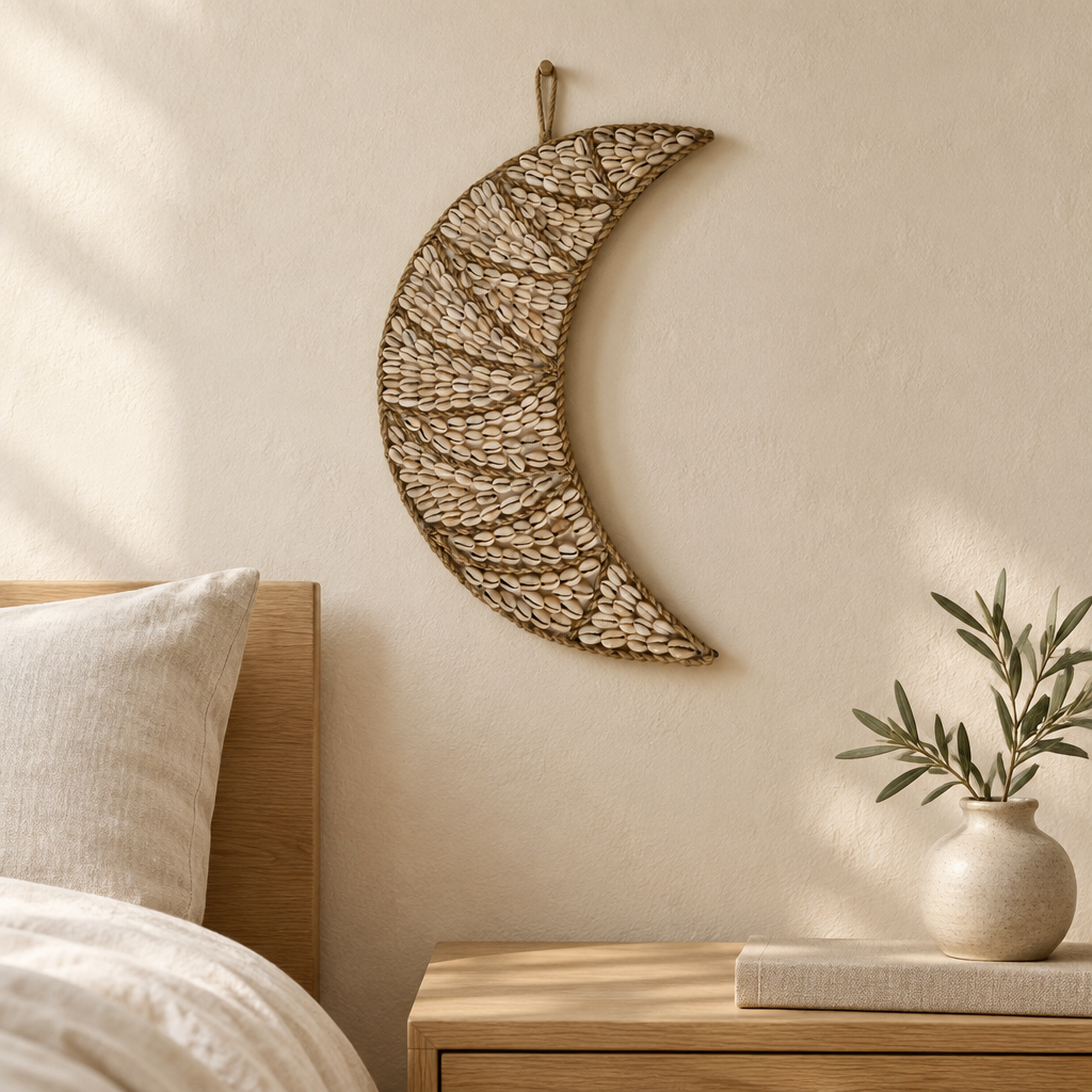 Natural cowrie-covered piece hanging above a timber bedside table