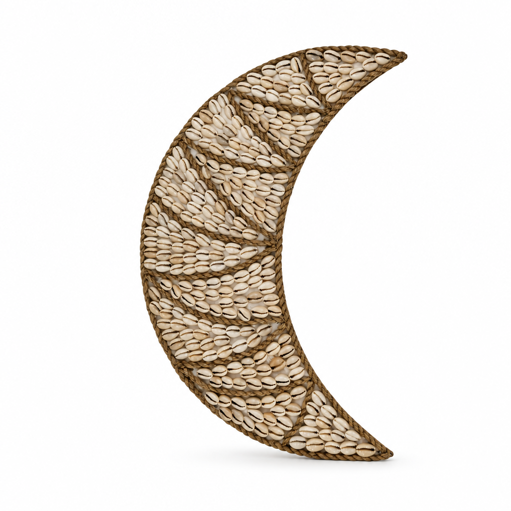 Natural cowrie-covered design shown front-on against a plain white background
