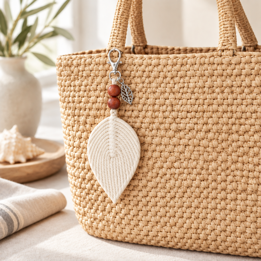 A woven straw tote bag in a warm beige tone, featuring a cream-colored rope leaf charm with a silver clasp and two brown wooden beads, set against a softly blurred home background.