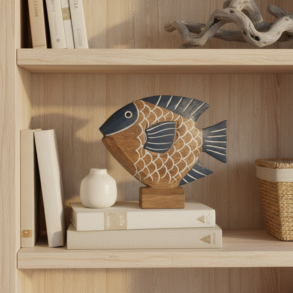 Single dark navy blue carved sculpture on a coastal bookshelf with linen books, ceramic vase and driftwood