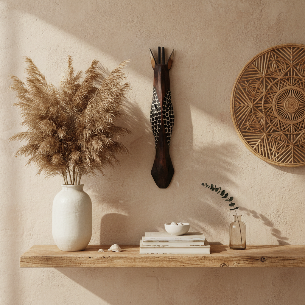 Dark espresso carving with bold black and white spot pattern mounted on a warm textured wall – coastal boho vignette with pampas grass, rattan and timber shelf