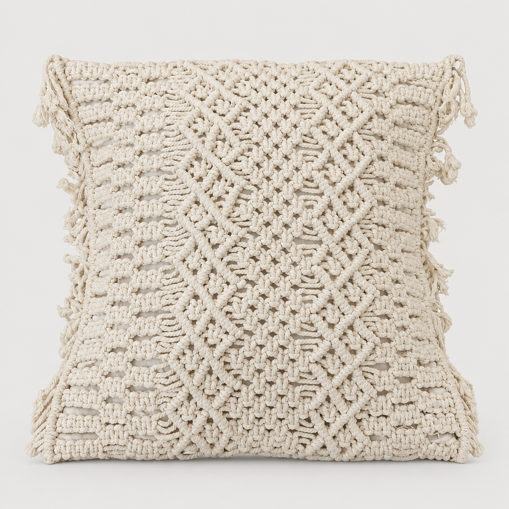 A square cream-colored macrame throw pillow with a textured woven pattern and fringed tassels on the sides, shown against a plain light gray background.