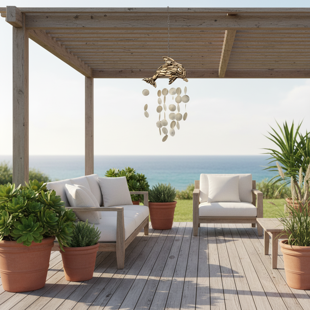 A wooden outdoor patio furniture set with white cushions under a covered deck, featuring a driftwood fish wind chime, potted green plants, and an ocean view in the background.