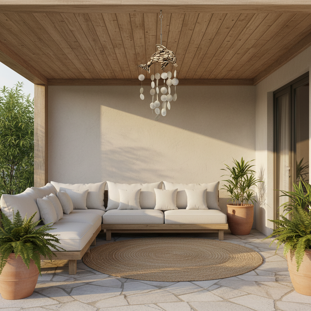 Driftwood fish wind chime hanging from a timber ceiling in a covered outdoor patio with coastal lounge setting
